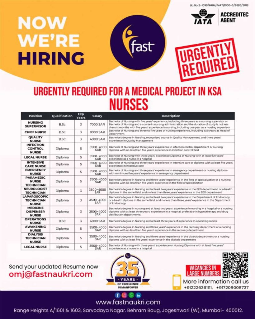 Hospital Recruitment  Required for medical projects - Nurse - Saudi Arabia