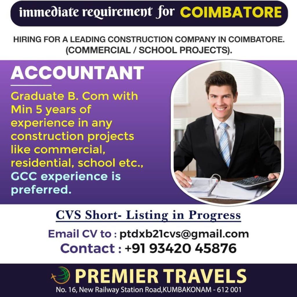 India job vacancy  Want for Accountant in a Construction company - Coimbatore