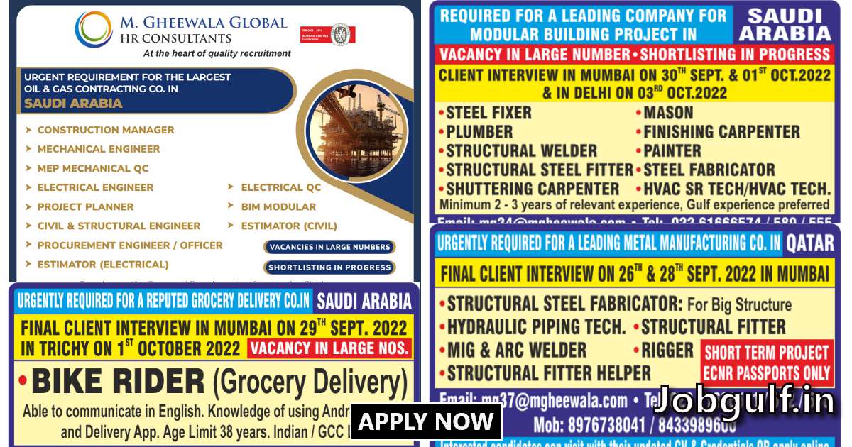 Read more about the article M Gheewala Jobs | Job Vacany for Saudi & Qatar