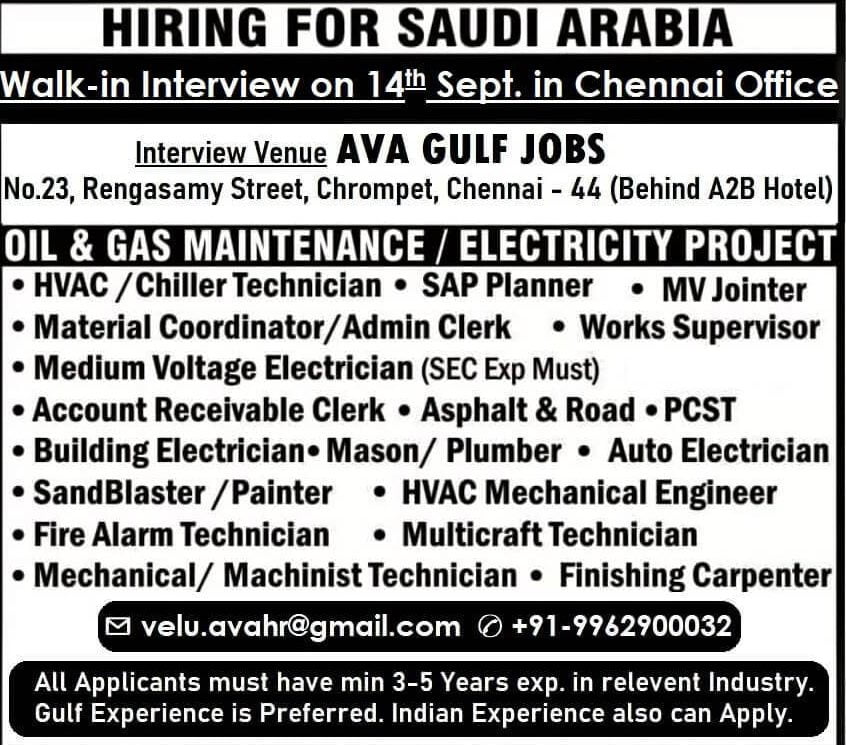 Read more about the article Walk-in-Interview | Want for a leading company – Saudi Arabia