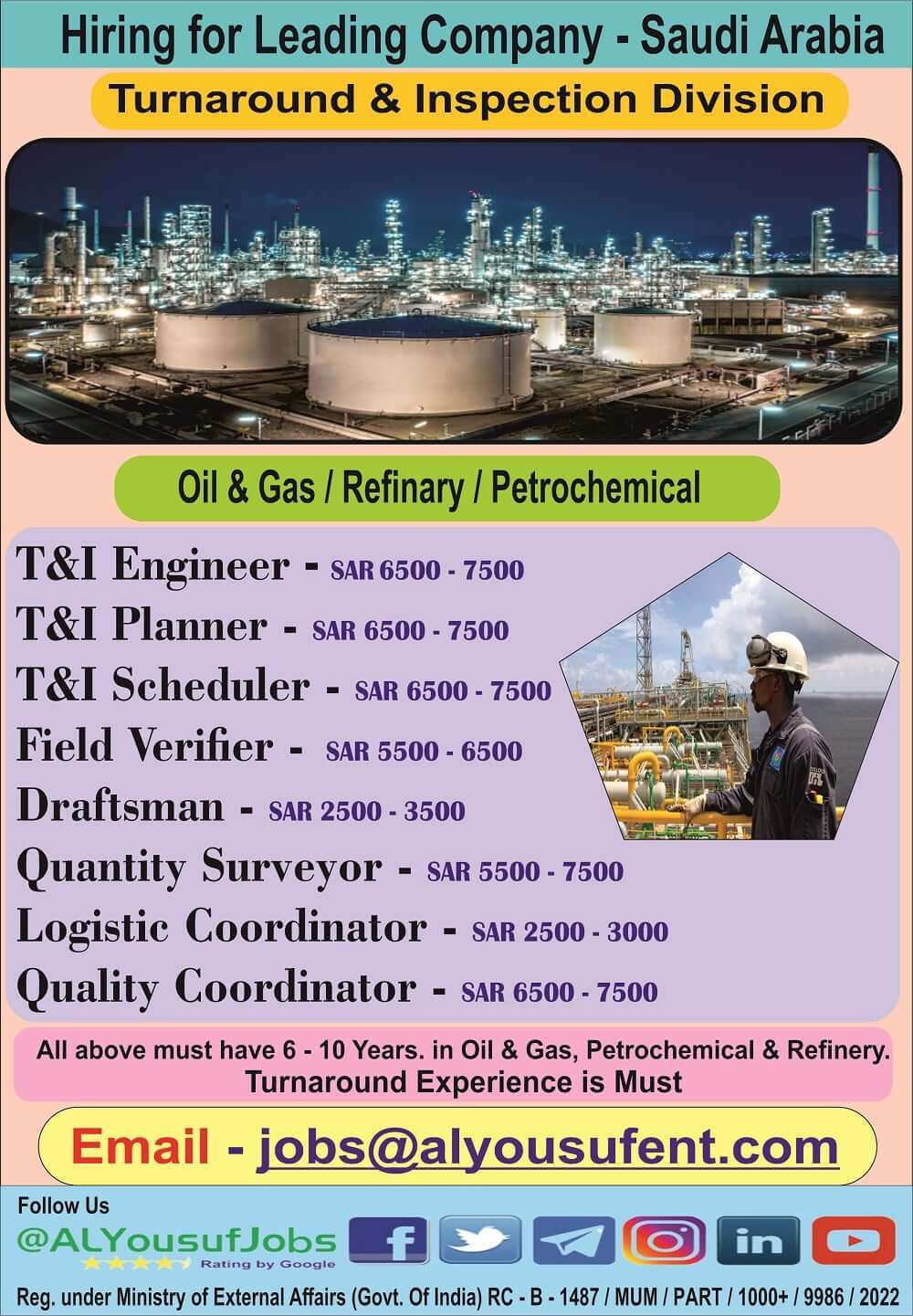 Abroad jobs Want for Oil & Gas Petrochemical Refinery - Saudi Arabia