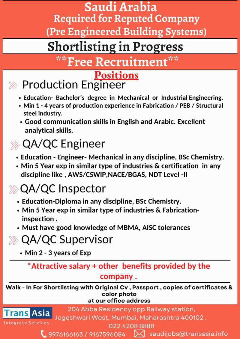 Read more about the article Free Recruitment | Required for Pre-Engineered building system – Saudi