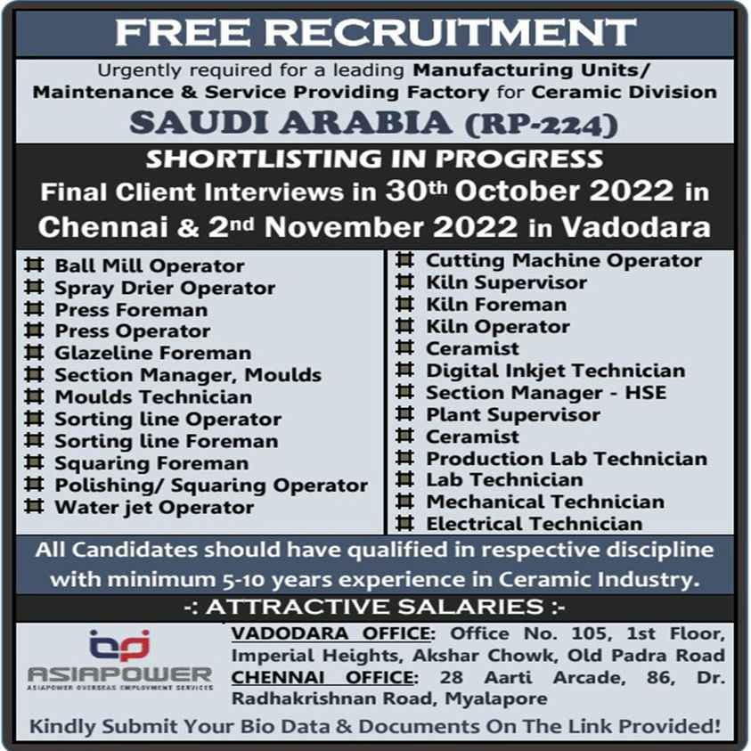 Free Recruitments for Manufacturing Maintenance & Service in Saudi