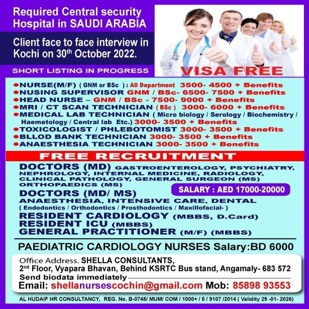 Hospital job vacancy Required for Central security hospital in Saudi