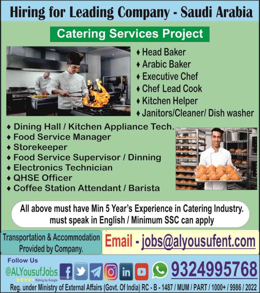 Hotel Jobs  Want for Catering service in Saudi Arabia