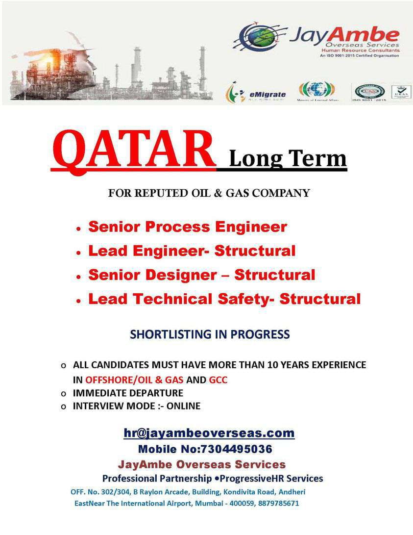You are currently viewing Long-Term Vacancy | Hiring for Oil & Gas Company – Qatar