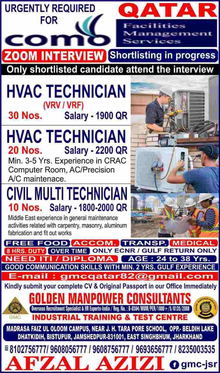 You are currently viewing Qatar jobs | Hvac technician | Civil multi technician – Facility manage