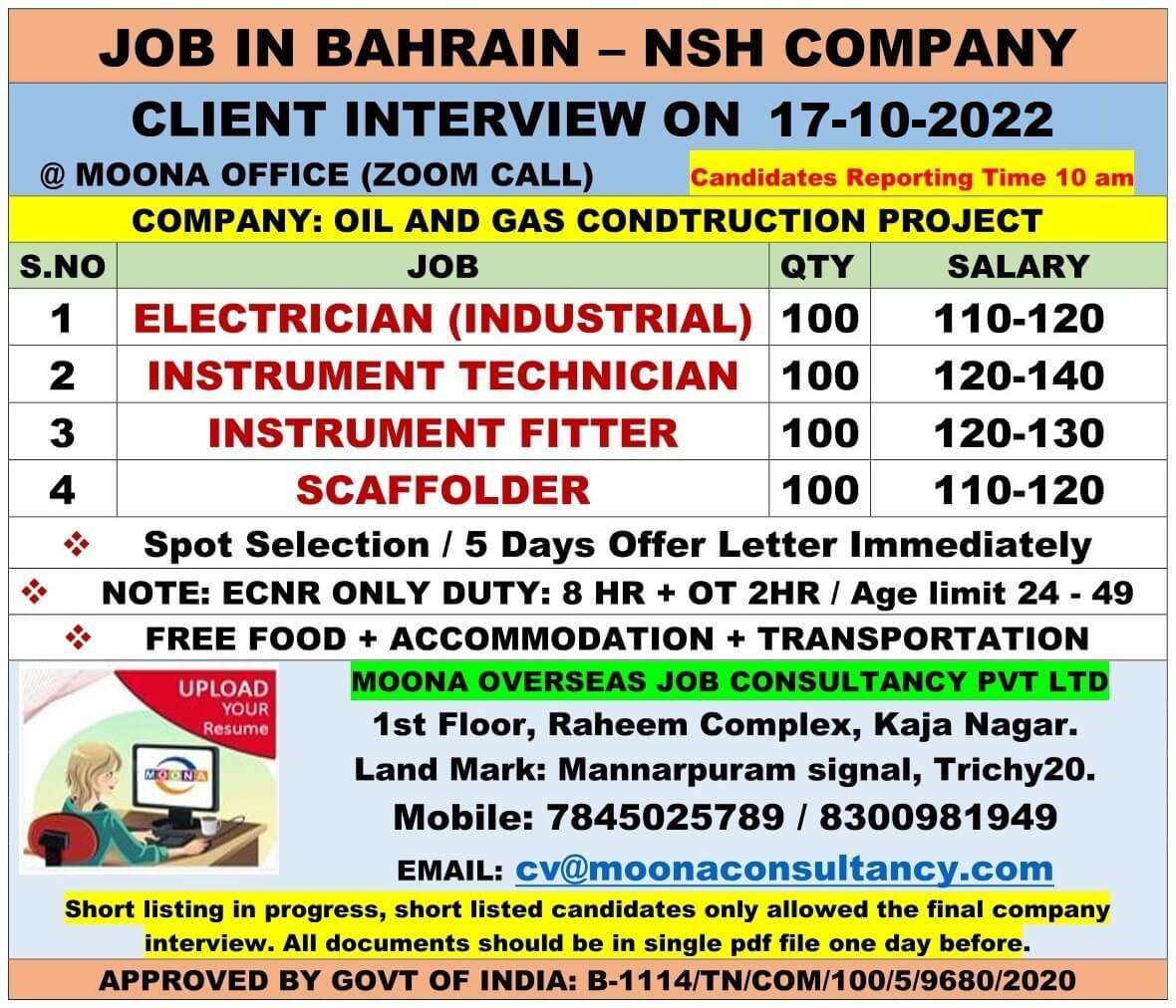 Zoom Interview Want for NSH Company - Bahrain