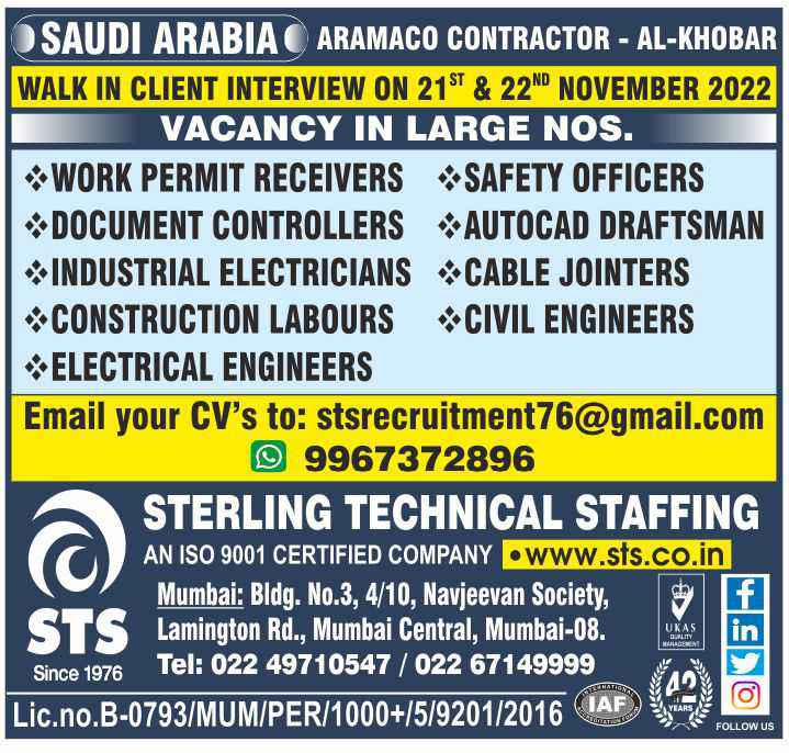 Aramco Recruitments | Required for leading contractor Al Khobar in Saudi