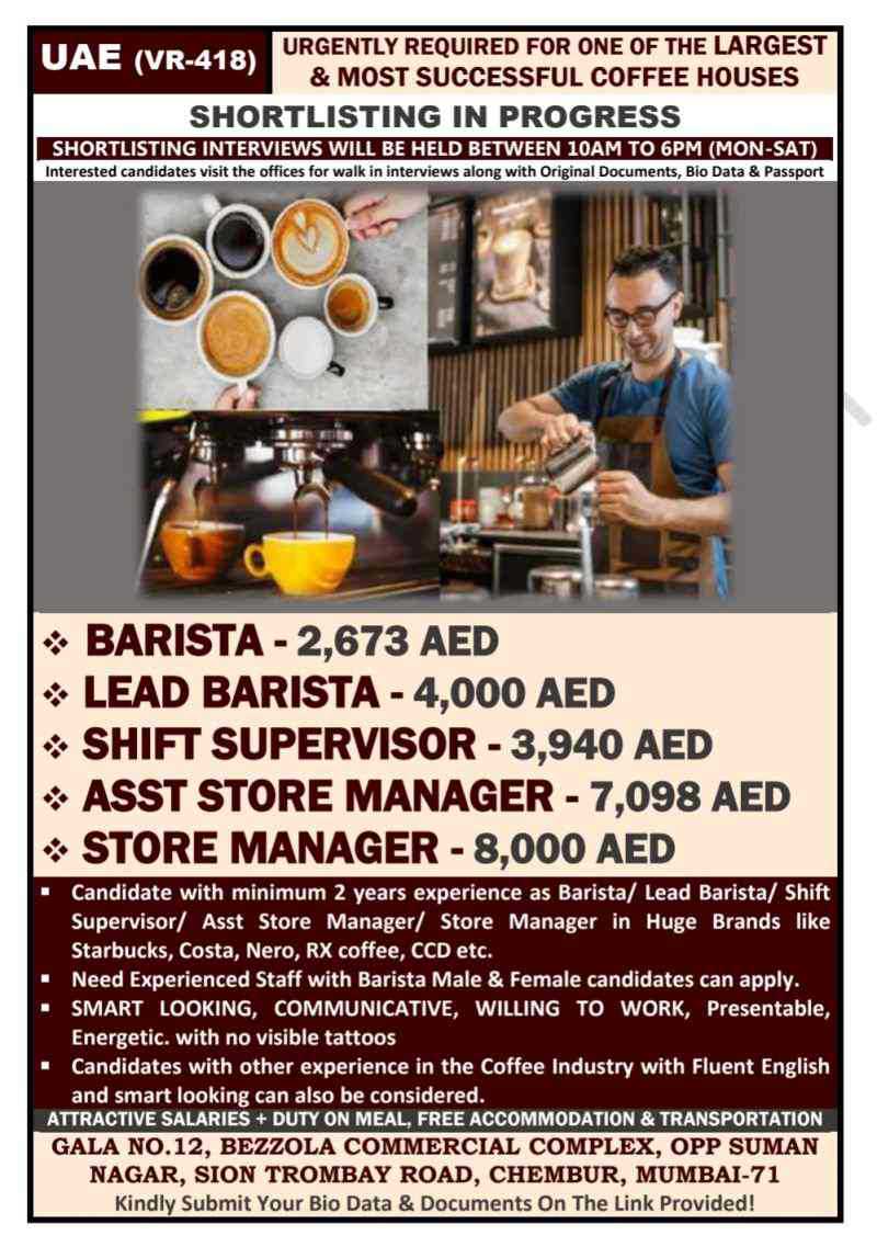 Read more about the article Coffee House Recruitments in UAE – Apply Now
