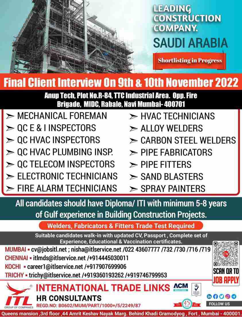 Read more about the article ITI Diploma jobs | Construction company Saudi Arabia