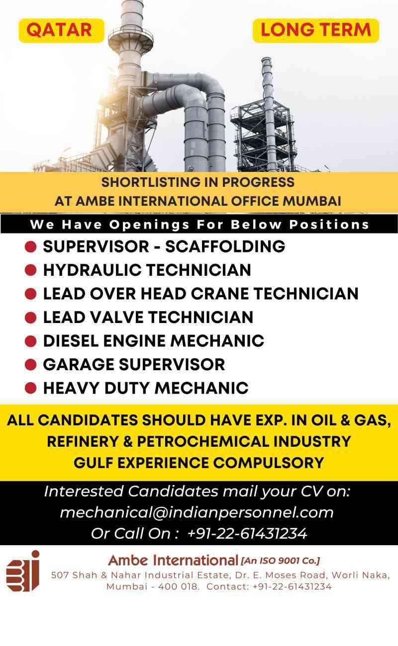 Job Vacancy in Qatar Hiring for reputed long-term projects.