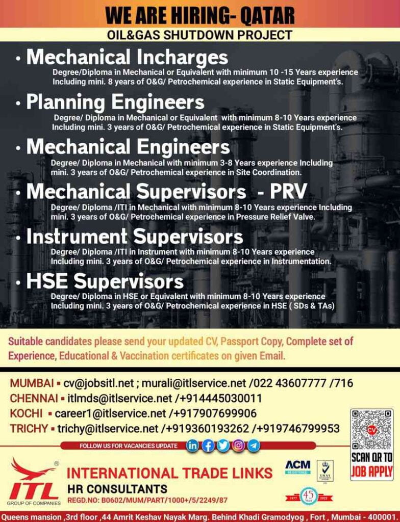 Shutdown Project  Hiring for Oil & Gas projects in Qatar