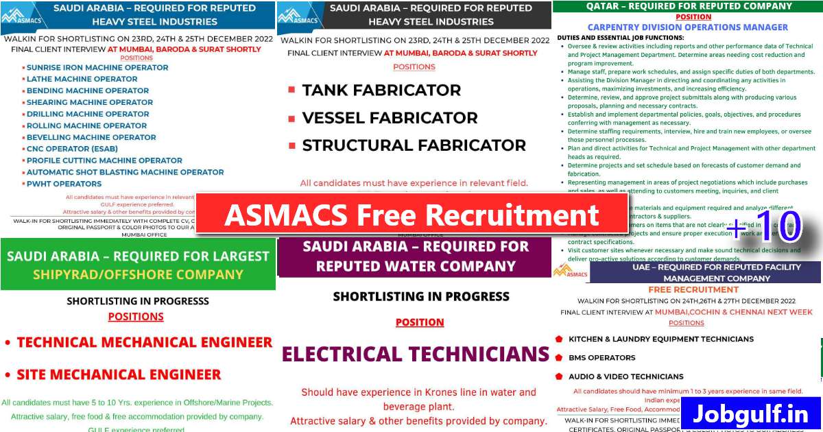 Asmacs group Gulf jobs - 200+ jobs