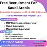 Hiring MEP Maintenance Supervisor - Saudi Arabia