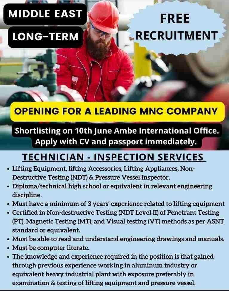 Abroad Interview Free Opening for technician in a leading Mnc's company - Middle East