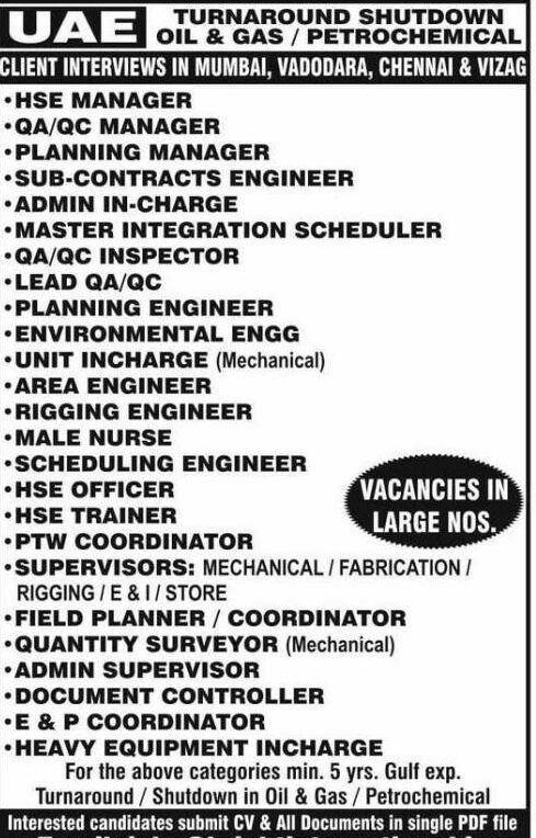 Abroad Interview Hiring for oil & gas Petrochemical - UAE