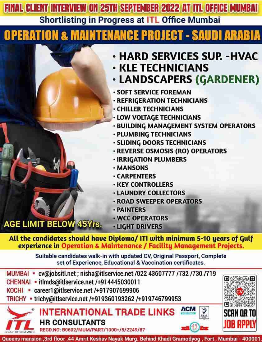 Abroad Jobs Hiring for Operation & maintenance projects - Saudi Arabia