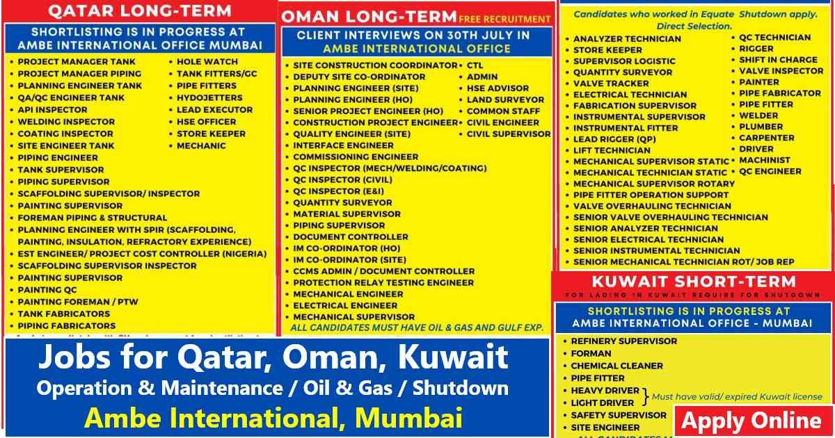 Ambe International Vacancy Want for Kuwait, Qatar, Oman