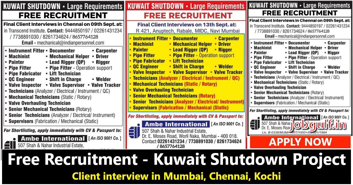 Free Recruitment Kuwait Shutdown Job Ambe International