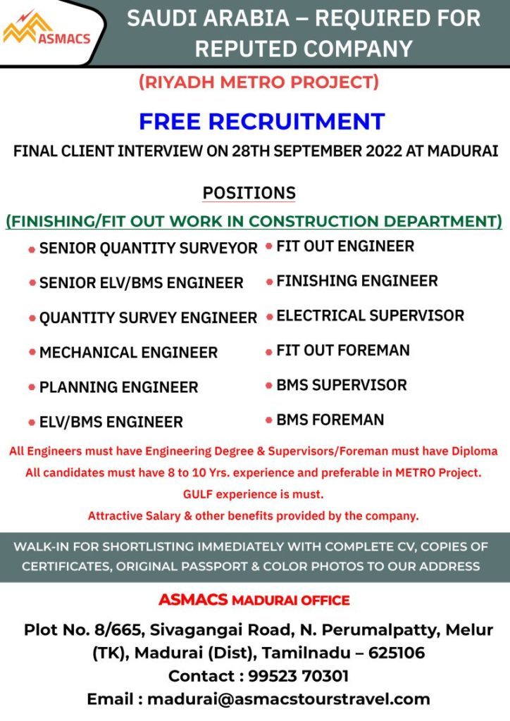 Free Recruitment Required for Riyadh Metro project - Saudi Arabia