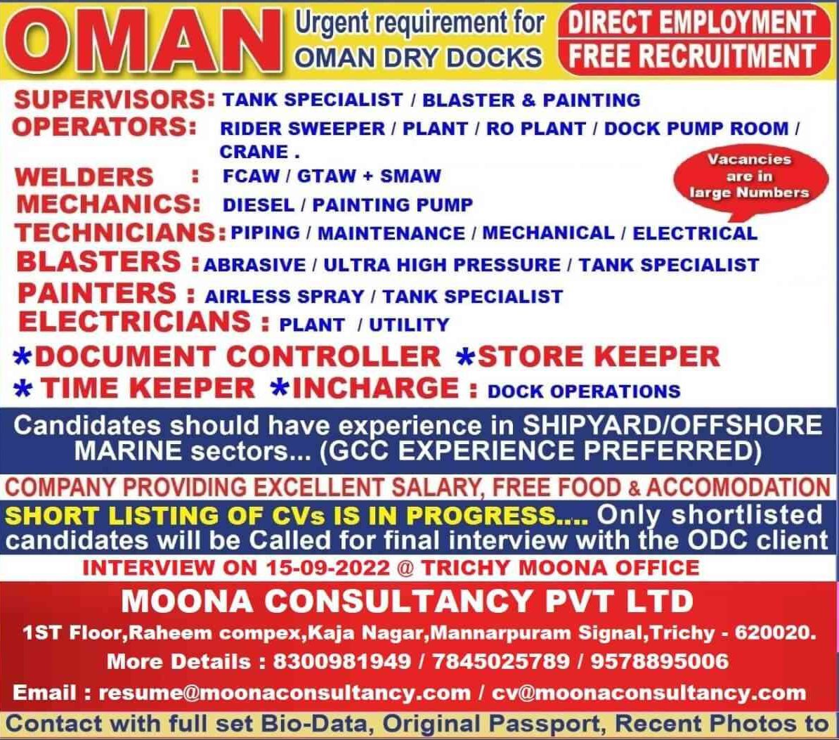 Free Recruitments Urgent hiring for Dry docks - Oman