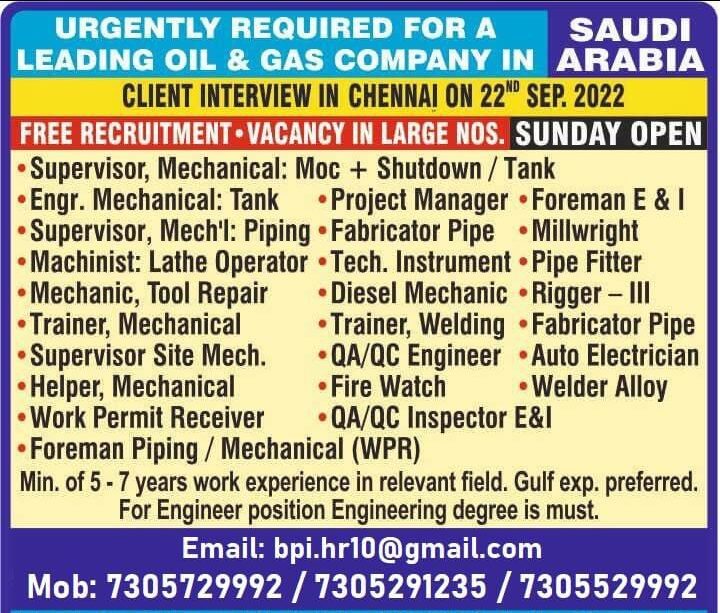 Free Recruitments Urgent required for oil & gas co - Saudi Arabia