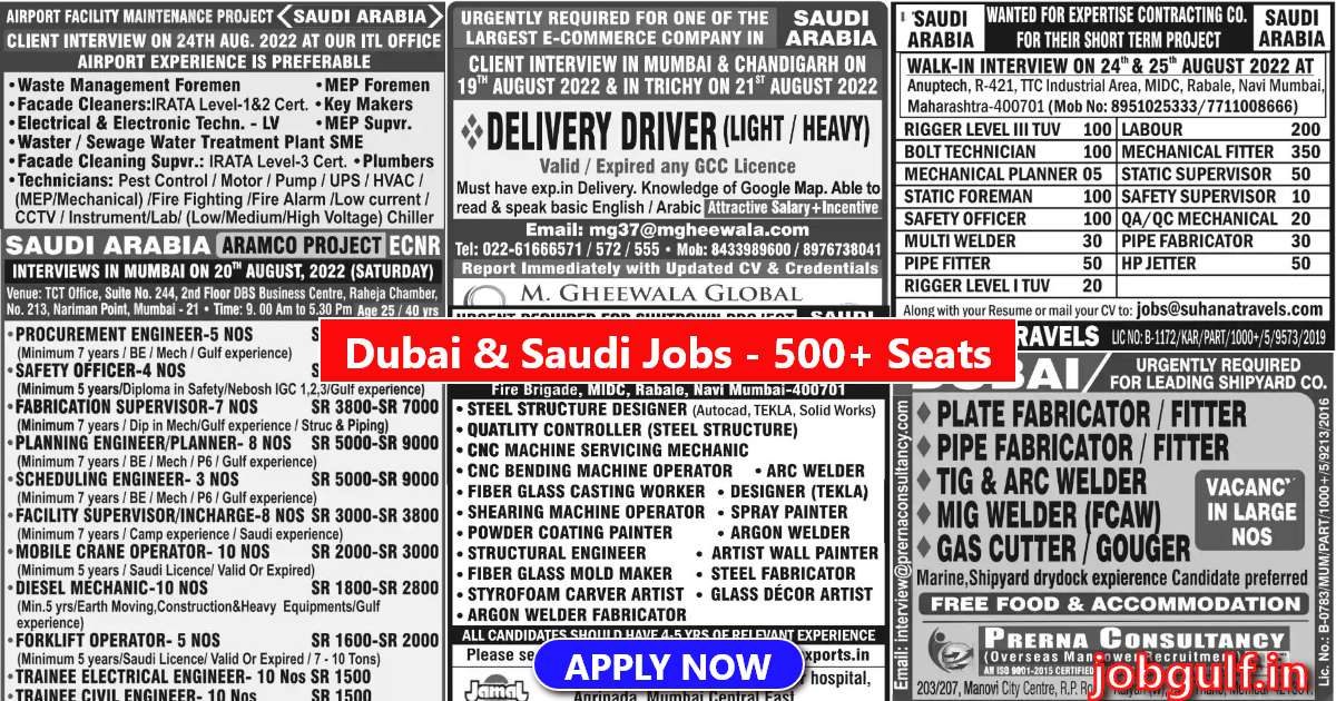 Gulf jobs walkin Large vacancies for Dubai & Saudi