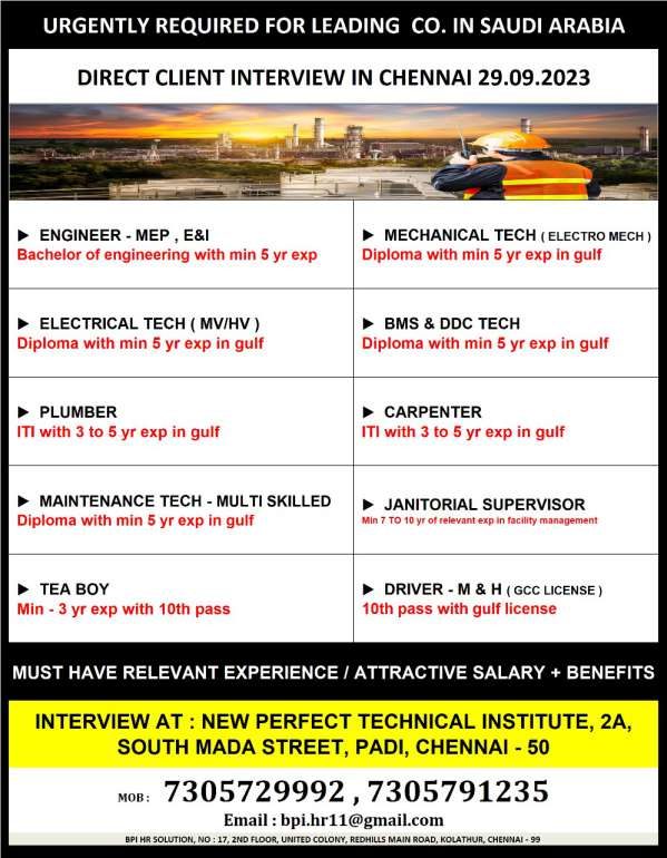 Gulfwalkin Hiring for Saudi Arabia - Chennai Interview