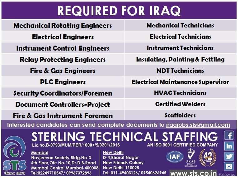 Job Vacancy in Iraq Required for a leading project - Iraq