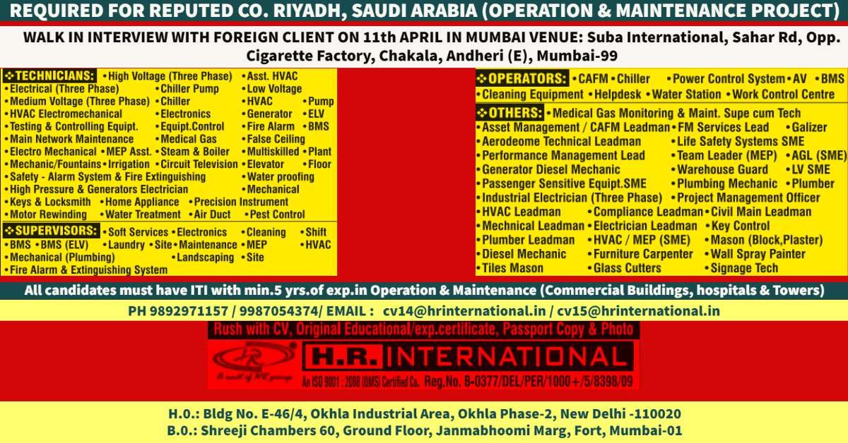 Jobs in Saudi Arabia Operation & Maintenance Project jobs