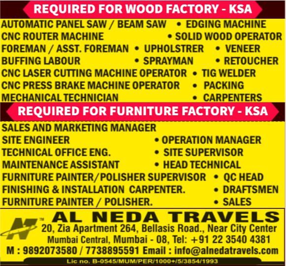Jobs in Saudi | Large vacancies for Wood & Furniture Factory