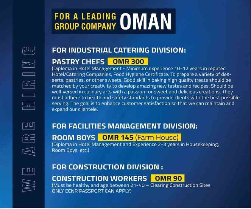 Overseas Recruitment Urgently hiring for a leading group of company - Oman