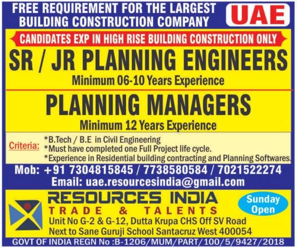 Planning Engineer Planning Manager - UAE