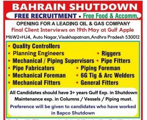 Ambe International | Shutdown Project Job Vacancy Bahrain